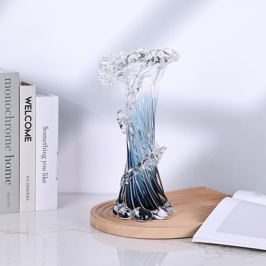 Hand Blown Blue Glass Vase, Unique Art Beautiful Ocean Glass Vase for Coastal Home Decor, Coffee Table, Living Room, Office Decor - 11.8" H(Large)