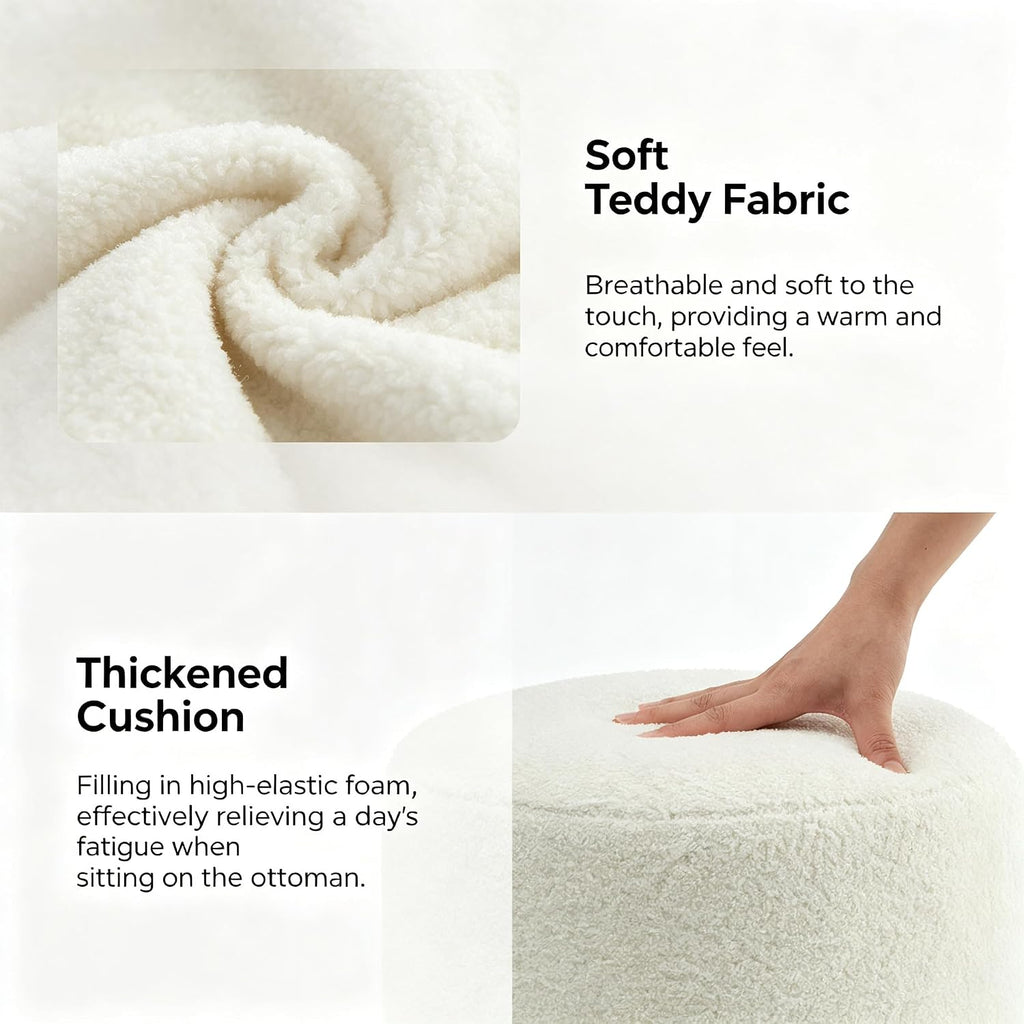 YDcosyfy Modern Round Ottoman, Teddy Fleece Vanity Stool Footrest, Upholstered Stool for Makeup, Bedroom, Living Room, White