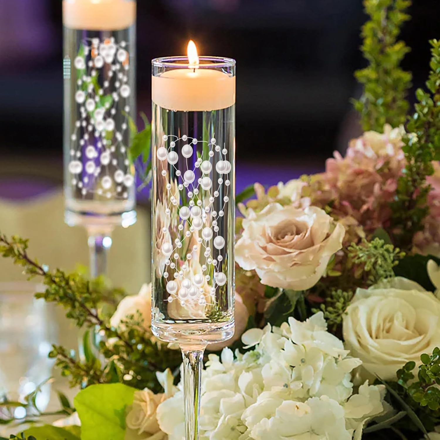 White Vase Filler for Floating Candles, 94ft Cuttable Faux Pearl Beads Strings Filler Cylinder Vases Centerpiece Table Decorations for Floating Effects, Wedding, Dining, Party, Celebration