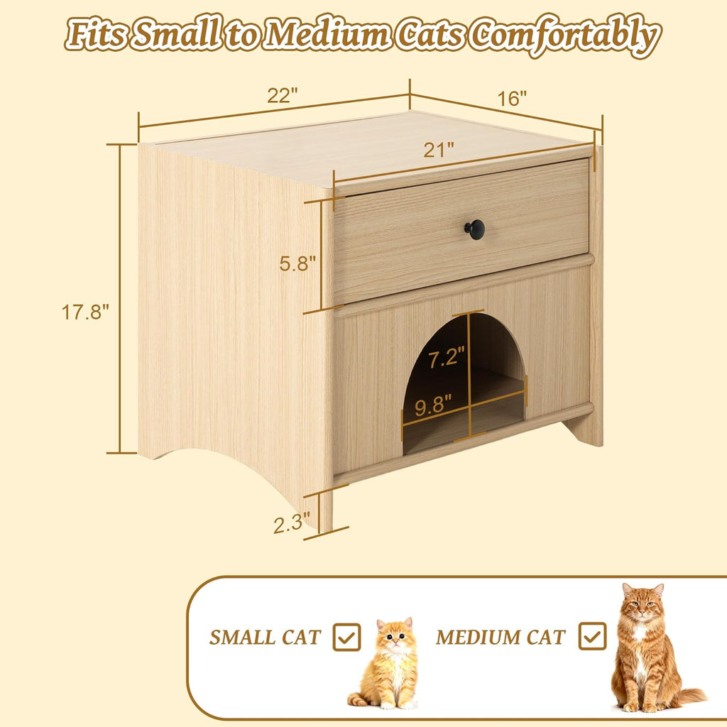 2-in-1 Nightstand with Drawer Wooden Cat Bed End Table, Modern Cat Bedside Table Hideaway Small Side Table for Living Room Bedroom