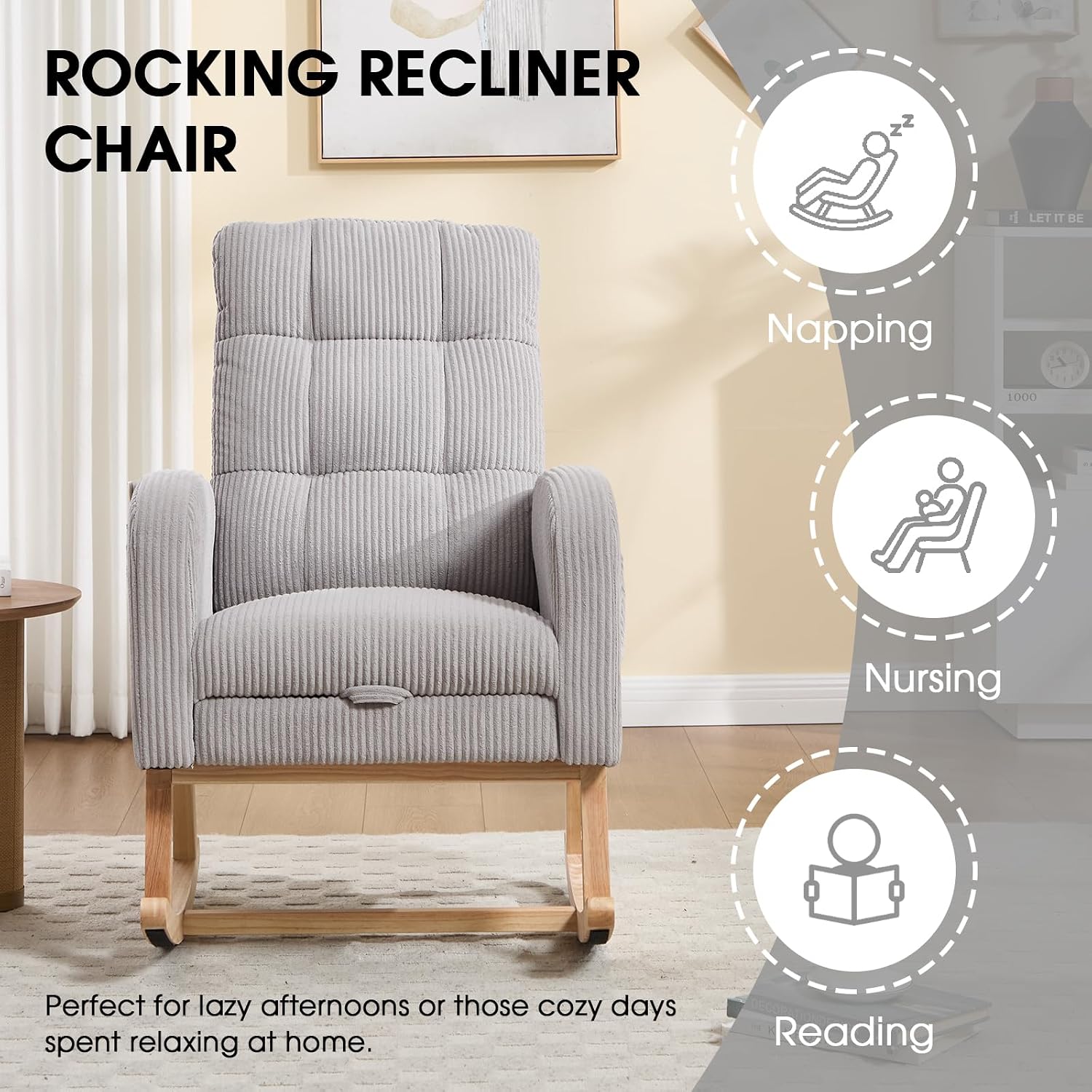 Nursing Rocking Chair, Nursery Glider with Footrest (Grey Retro) | Corduroy Upholstered Accent Rocking Armchair with High Back & Side Pockets for Living Room Bedroom Office Nursery