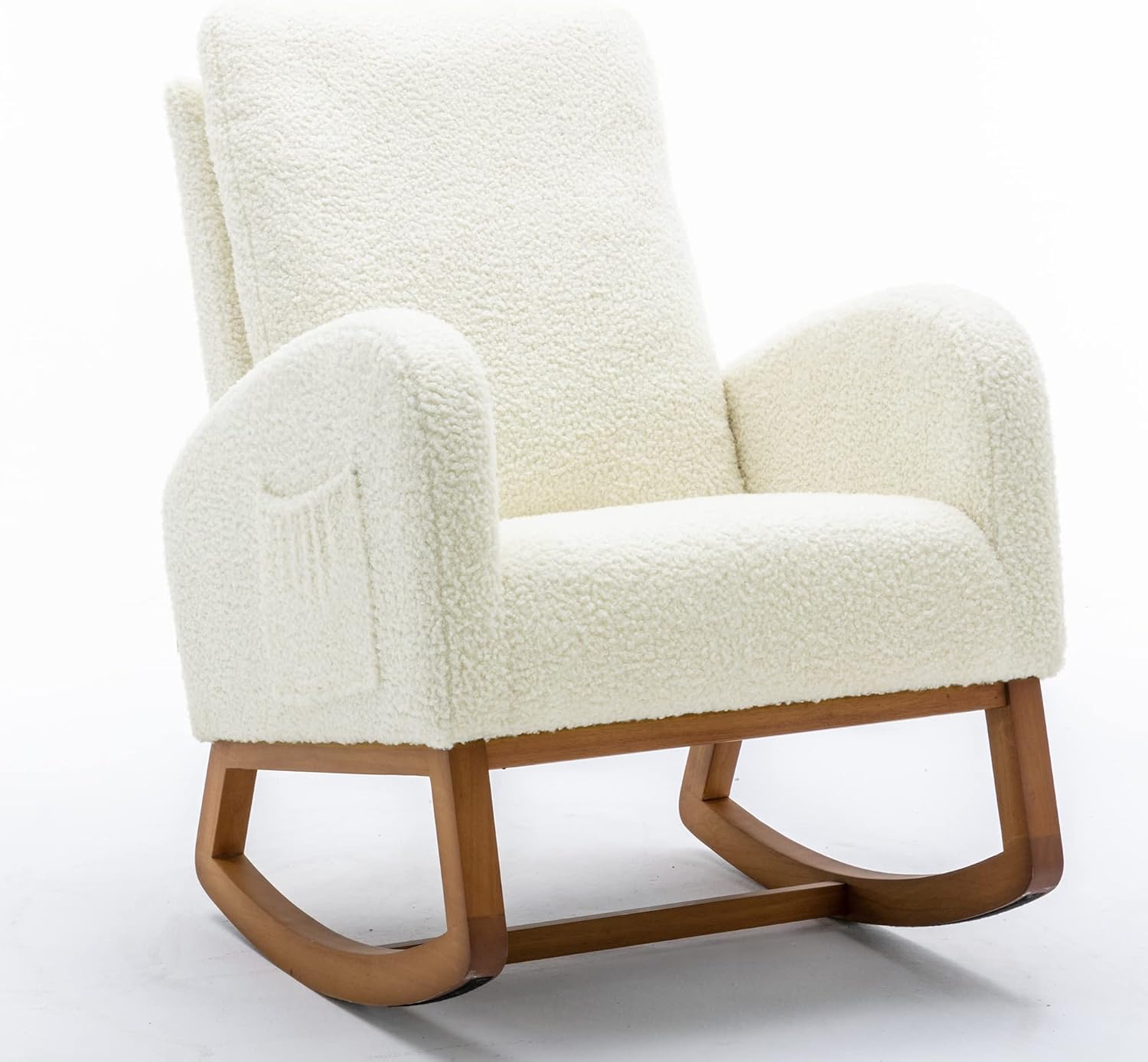 Modern Rocking Chair, Oversized Glider Recliner with High Backrest & Side Pocket, Upholstered Nursery Accent Chair for Living Room, Bedroom, Nursery, Solid Wood Legs (White Teddy)