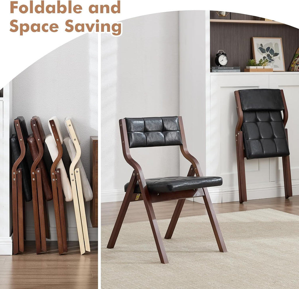 2-Pack Folding Dining Chairs with Cushion,Faux Leather Padded Foldable Dining Chairs,Portable Wooden Folding Chairs for Dining Rooms Kitchen Wedding and Party Indoor Black
