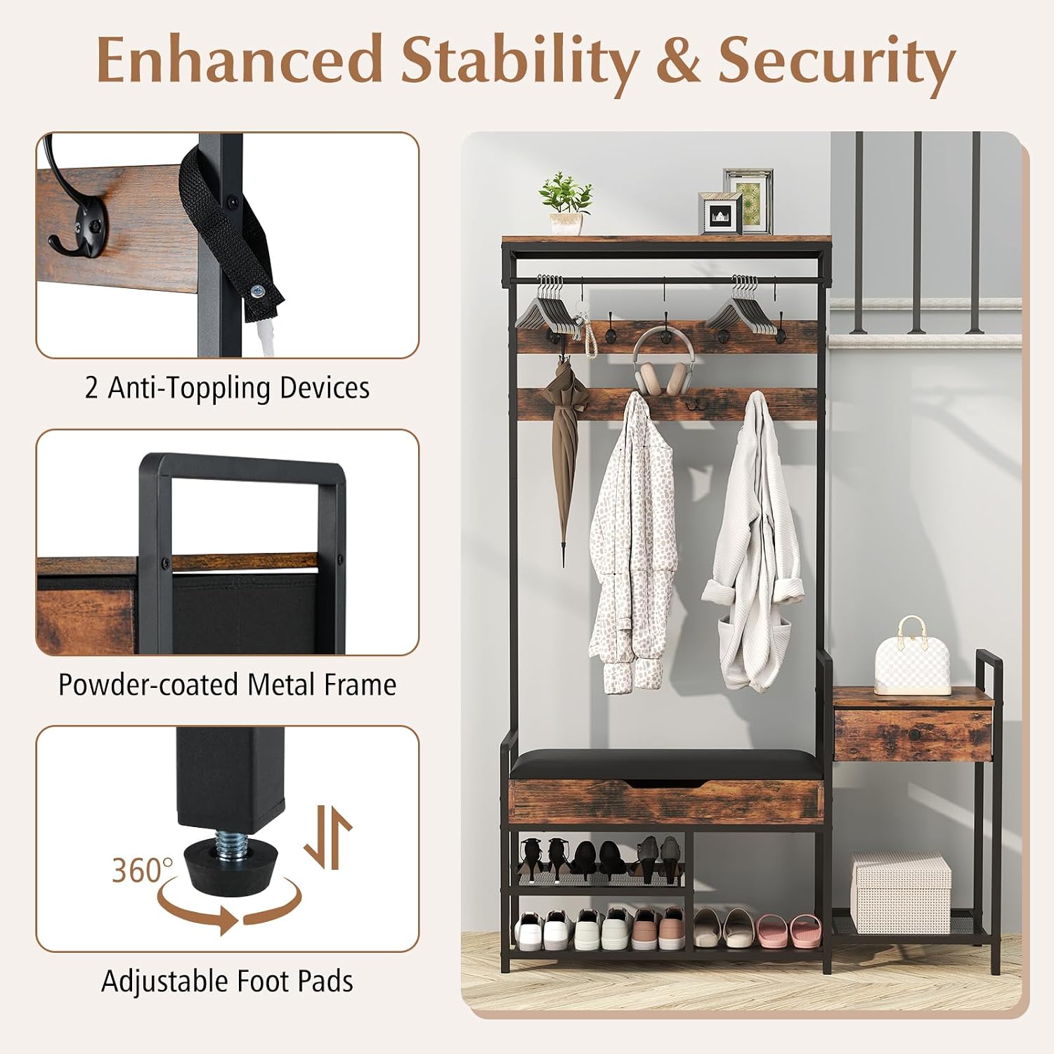Tangkula Hall Tree with Bench and Shoe Storage, Industrial Coat Rack with Shoe Storage, 12 Hooks & Drawer, Multifunctional Shoe Rack with Cushioned Seat & Hanging Rod for Entryway, Bedroom, Hallway