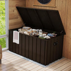 Steel & Plastic Outdoor Storage Box, Lockable Patio Storage Bench with Hydraulic Lid, Side Handles & Rolling Wheels for Backyard Garden Pool Tools and Furniture Accessories (Brown)