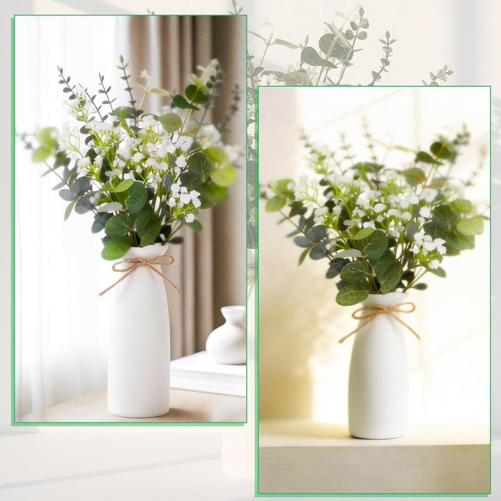 Artificial Flowers in Vase Set, Eucalyptus Stems and Baby’s Breath Bundle, Fake Plants Floral Arrangement with Ceramic Vase for Table Centerpiece Home Décor