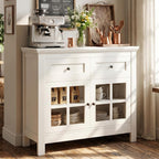36” Buffet Cabinet Sideboard, Coffee Bar Storage Cabinet with Drawers and Display Glass Doors, Farmhouse Kitchen Credenza with Adjustable Shelves for Kitchen, Living Room, Vintage White