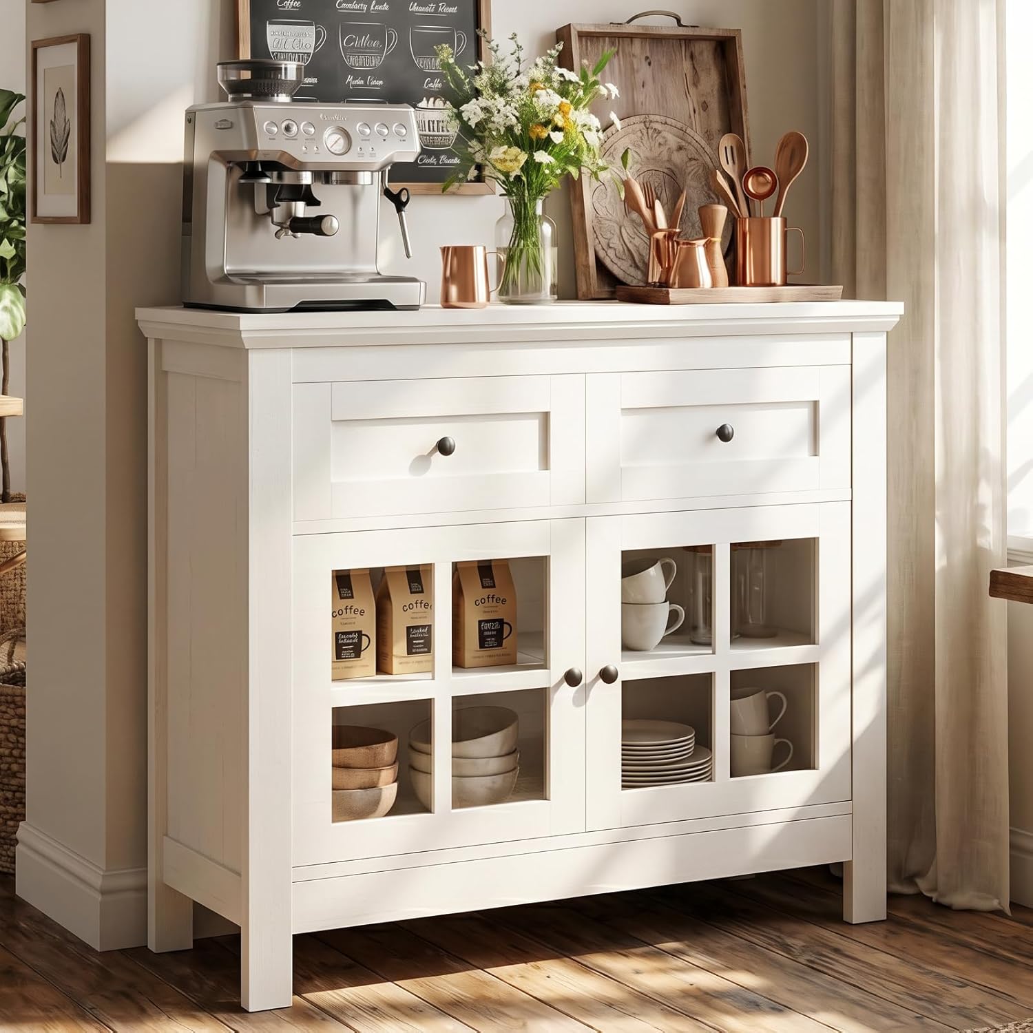 36” Buffet Cabinet Sideboard, Coffee Bar Storage Cabinet with Drawers and Display Glass Doors, Farmhouse Kitchen Credenza with Adjustable Shelves for Kitchen, Living Room, Vintage White