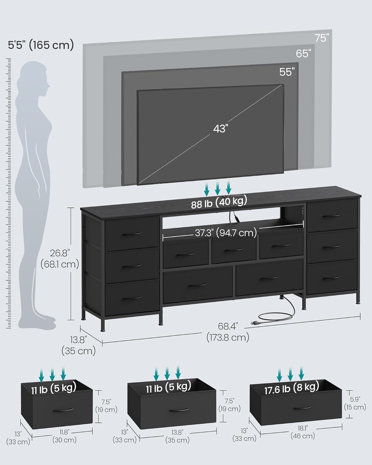 SONGMICS BELLAH Collection - TV Stand for TVs Up to 70 Inches, Dresser for Bedroom, Living Room, Chest of Drawers, Steel, 11 Drawers and Shelf, Modern, Ink Black ULGS043B101S