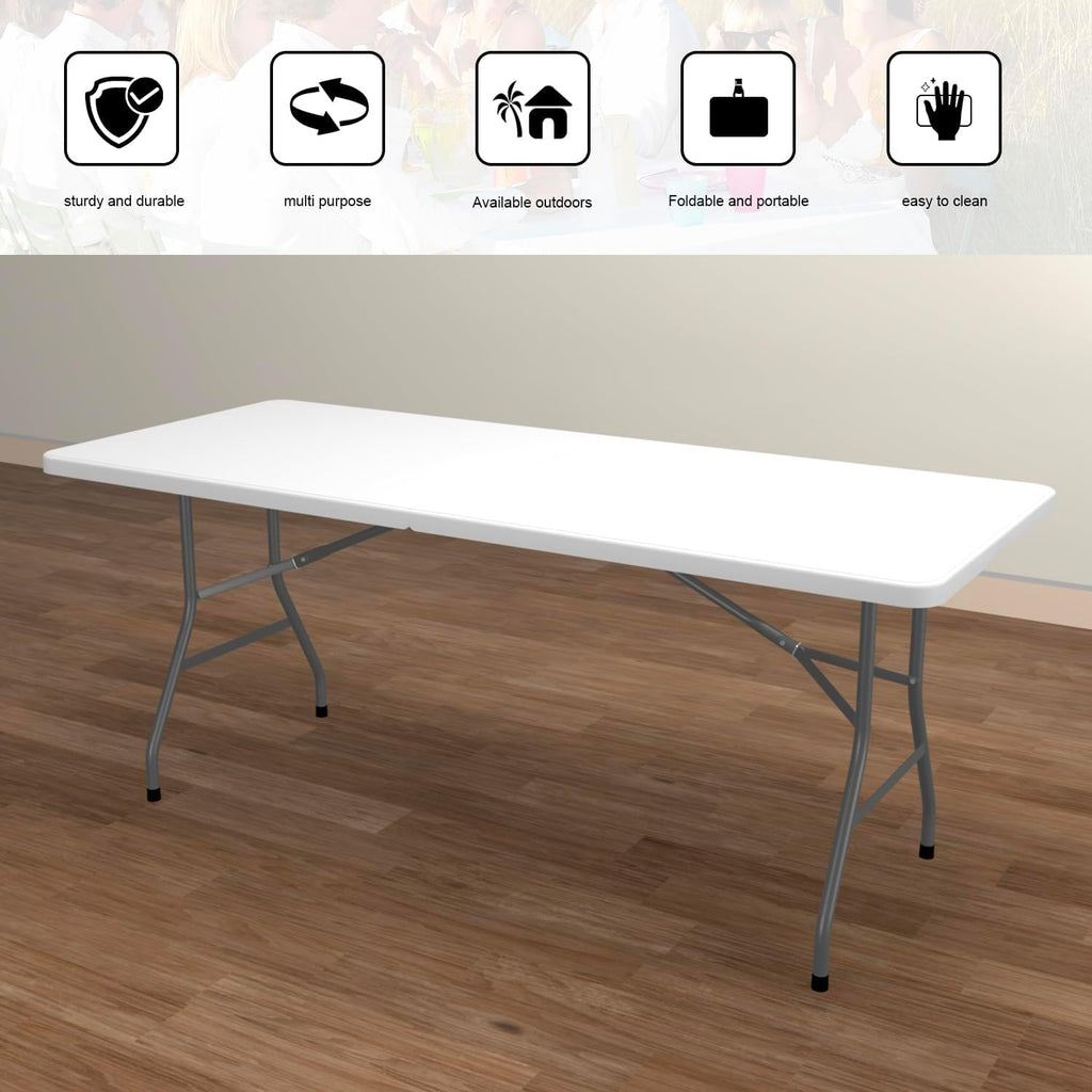 2 PCS 70.8" W X 29" D X 29" H - 6 ft White Folding Table White Portable Heavy Duty Plastic Fold-in-Half Utility Foldable Table for Camp，Picnic & Party