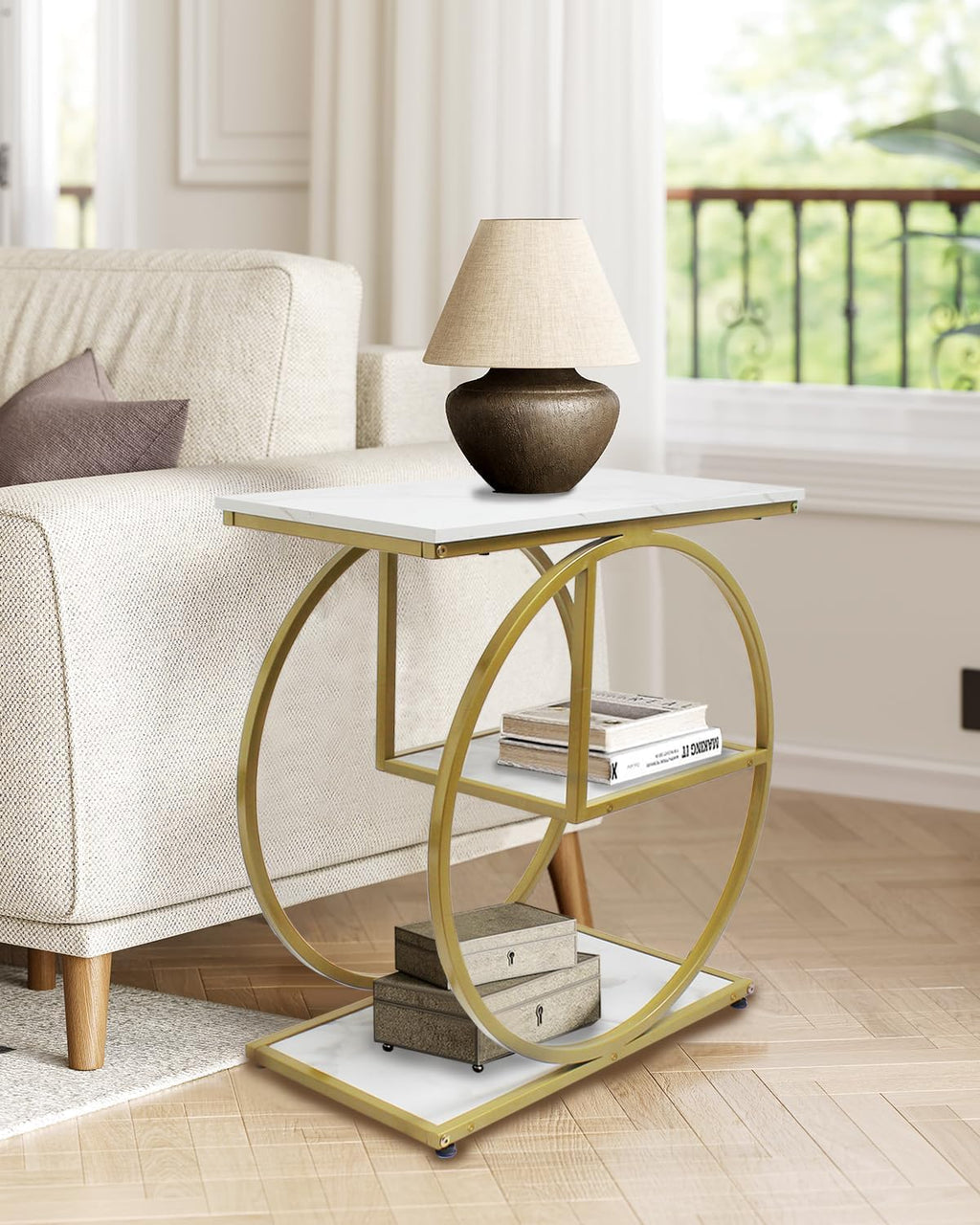 AT-VALY 3-Tier End Table, Side Table with Storage Shelves, Small Sofa Side Table for Living Room, Bedroom (Gold)