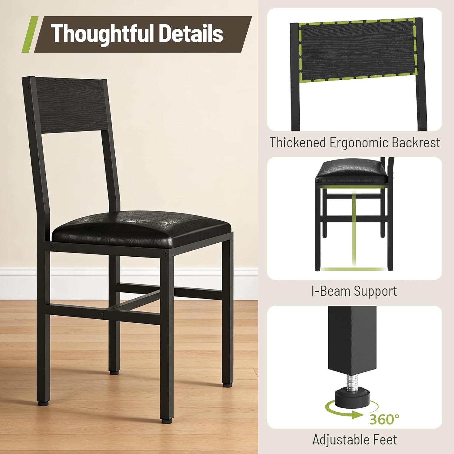 Dining Chairs Set of 4, Upholstered Kitchen Chairs with Ergonomic Backrest & Padded Seat, Metal Legs, Modern Dinner Chair for Kitchen Dining Room, Home, Cafe, Black