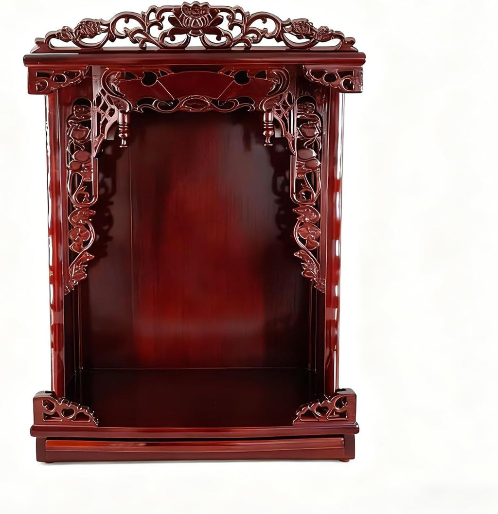 Solid Wood Buddhist Altar Cabinet & Pooja Mandir for Home, 2-in-1 Wall Mounted or Desktop Meditation Shrine Table with Pull-Out Storage Tray, Hand-Carved Buddha Temple (Rosewood, 16.5" H/42cm)