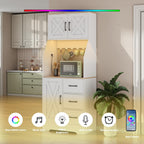 LLappuil 67" Kitchen Pantry with LED Light & Outlet, Kitchen Hutch with 6 Hooks, Drawer, Adjustable Shelves White