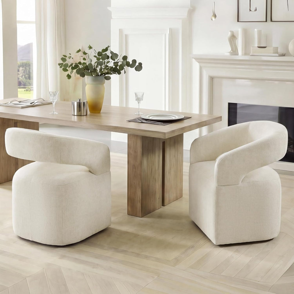 KISLOT Upholstered Dining Chairs Set of 4, Modern Arm Kitchen & Dining Room Chairs with Hidden Casters, Linen Fabric Padded Rolling Chairs, Sturdy Wood Frame, 300 lbs Capacity, Cream Beige