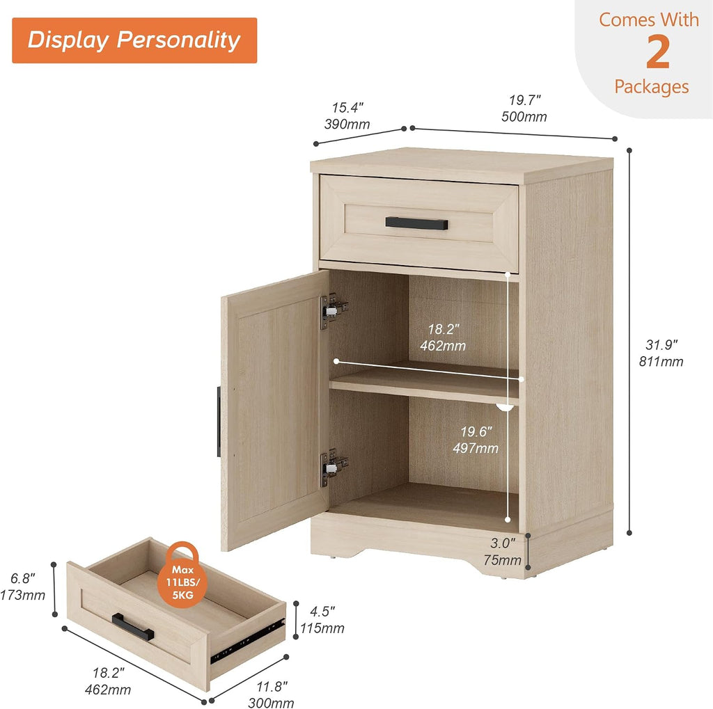 WAMPAT 32-Inch Tall Farmhouse End Table Set of 2 with Drawers and Adjustable Storage Shelves, Wood Side Table with Barn Doors for Living Room,Bedroom,Beige Wood