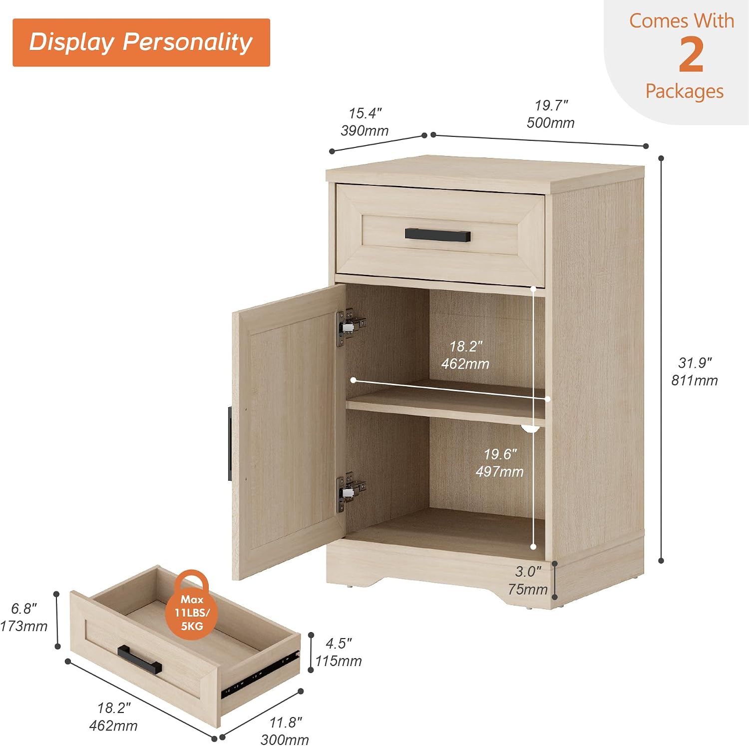 WAMPAT 32-Inch Tall Farmhouse End Table Set of 2 with Drawers and Adjustable Storage Shelves, Wood Side Table with Barn Doors for Living Room,Bedroom,Beige Wood