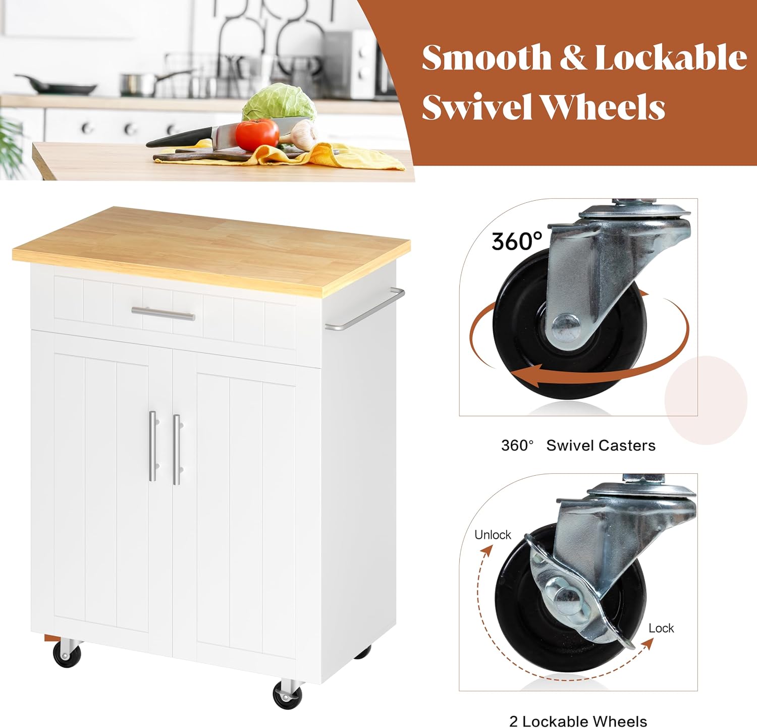 SUNLEI Rolling Kitchen Island Cart with Storage & Drawer – 26" Portable Kitchen Cart with Lockable Wheels, Towel Rack & Open Shelves for Kitchen, Dining Room, Living Room(White)
