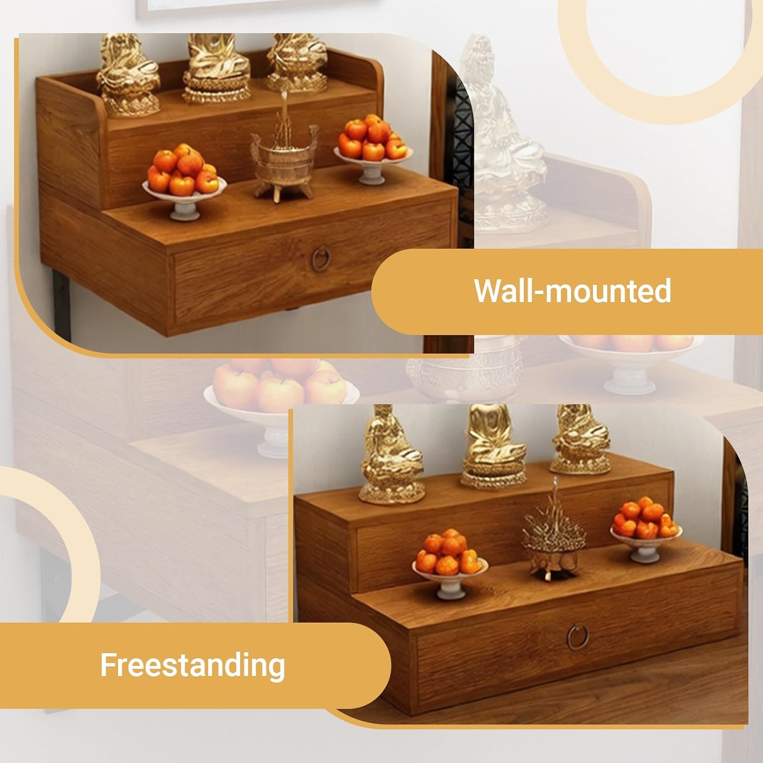 Solid Wood Wall Mounted Altar Table with Pull-Out Drawer for Incense & Meditation Personal Shrine Stand Prayer Altar Cabinet with Storage for Home(Teak color,50*40*30cm/19.7*15.7*11.8in)