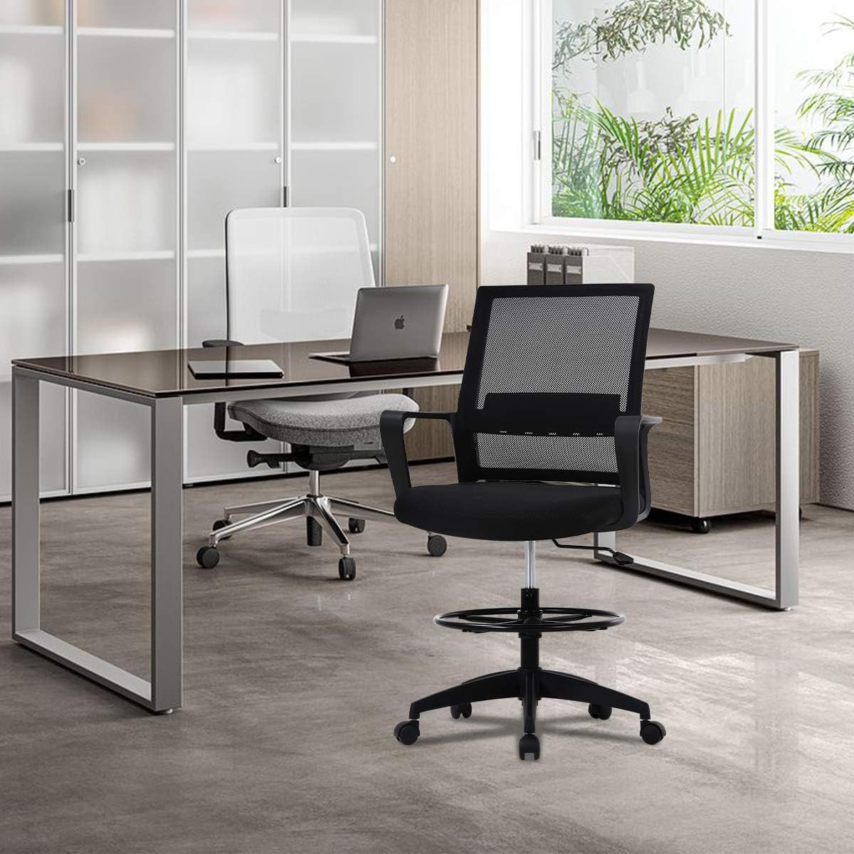 Drafting Chair Tall Office with Lumbar Support Arms for Standing Desk Swivel Rolling Mesh Footrest Ring Height Adjustable Stool Bar High Desk, 250lbs, Seat-Hight 20.7-28.5 inch