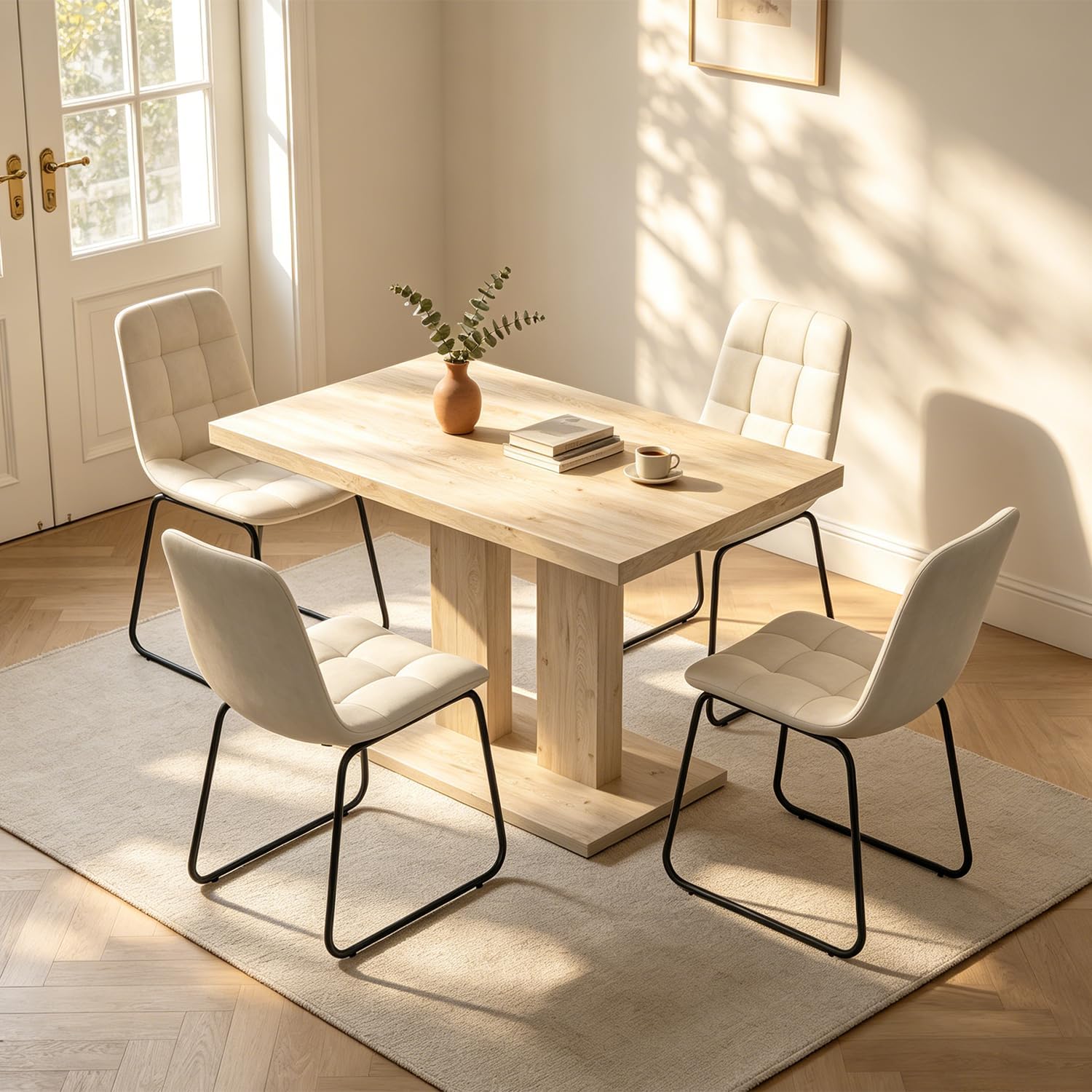 Modern 5-Piece Dining Table Set for 4, 46" Pedestal Dining Room Table with 4 Leather Chairs, Small Space Saving Kitchen Table Set, Natural Wood Finish Rectangle Table for Home & Apartment