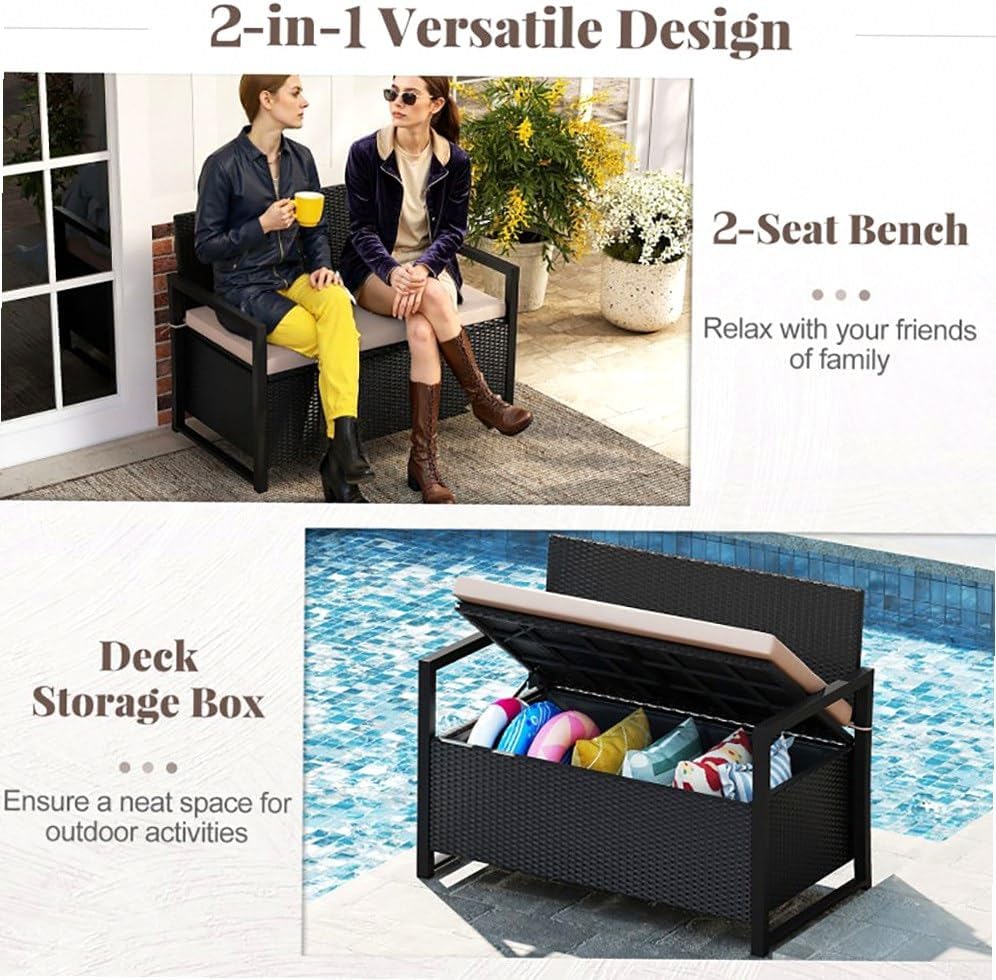 Outdoor Storage Bench PE Rattan Woven Rattan Pattern Brown 24.5x46x33.5in 40Gal Compartment 800lb Capacity Seat Cushion Included