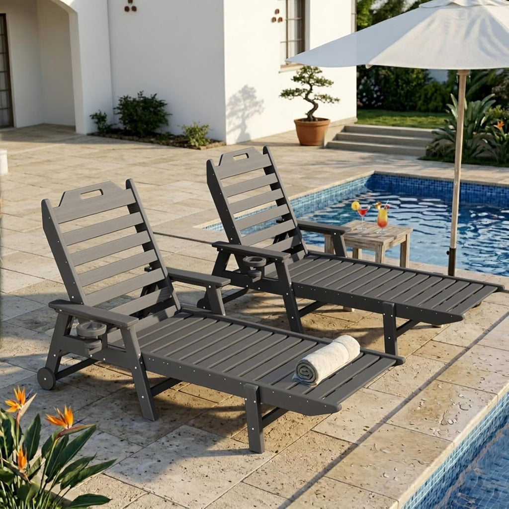 Mdeam 6-Position Pool Outdoor Lounge Chairs Set of 2, 22" W Oversized Adjustable Chaise Lounger 500LBS Capacity, HDPE Furniture Tanning Chair with Wheels & Cup Holder for Outside Patio Deck, Dark Grey