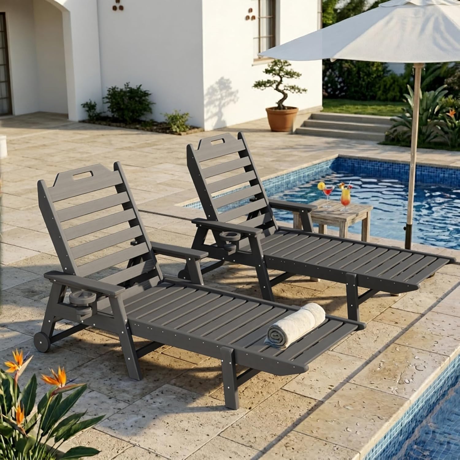 Mdeam 6-Position Pool Outdoor Lounge Chairs Set of 2, 22" W Oversized Adjustable Chaise Lounger 500LBS Capacity, HDPE Furniture Tanning Chair with Wheels & Cup Holder for Outside Patio Deck, Dark Grey