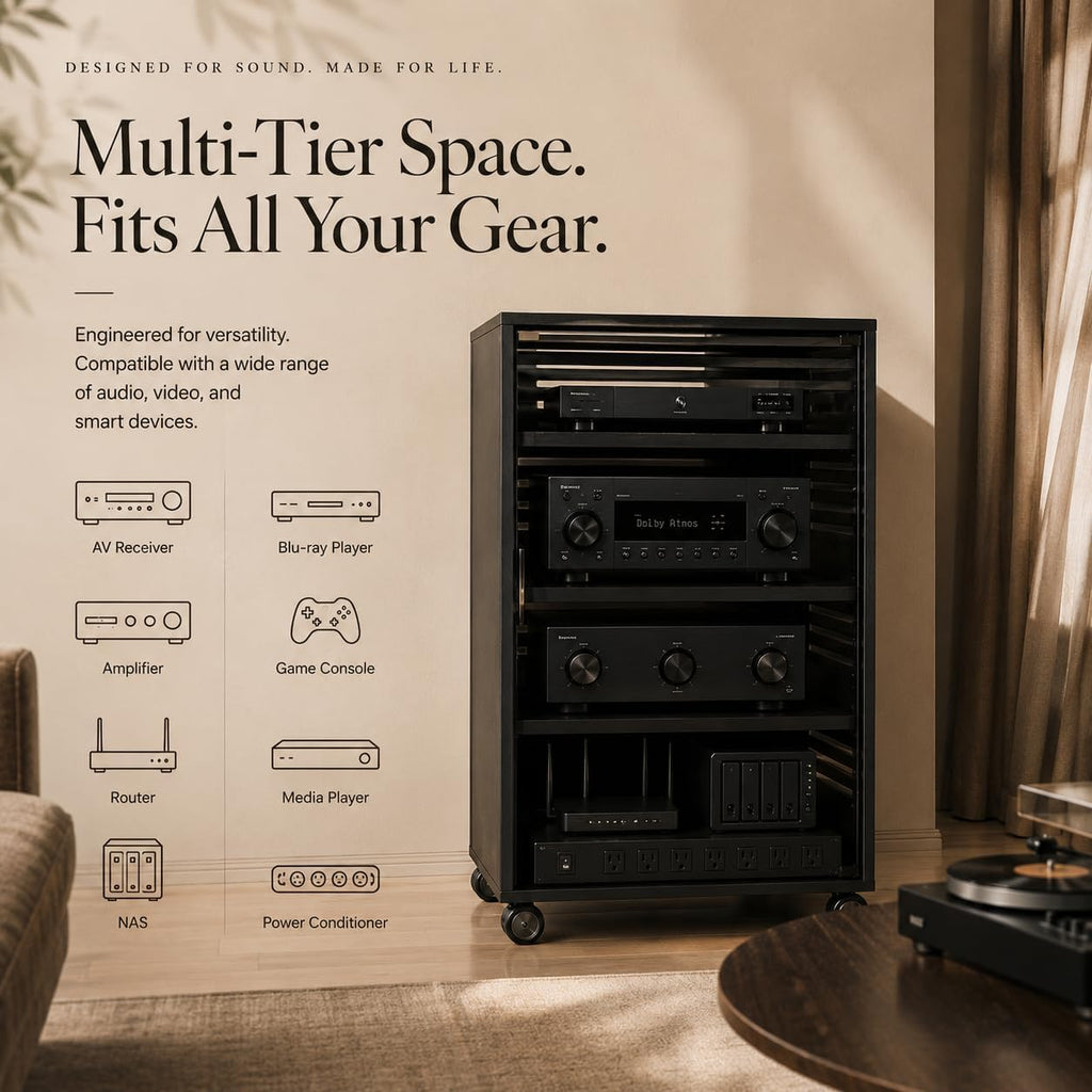 rolling Media Storage Cabinet with Tempered Glass Door, audio rack cabinet with Cable Management, Efficient Heat Dissipation, Studio home audio cabinet for Living Room/Gaming Setup/Home (3-tier)