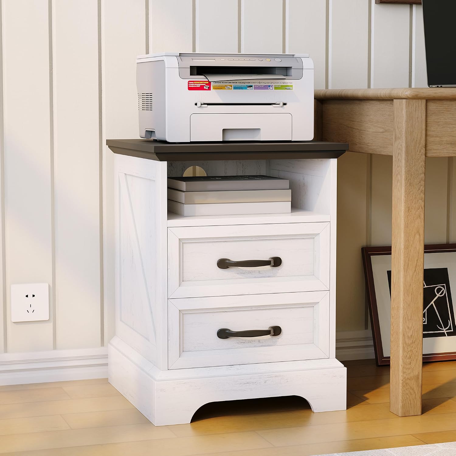 Garvee Farmhouse Rustic Nightstands with Charging Station Set of 1/2, Modern Wood Night Stands Bedside Tables with 2 Drawers, USB Ports & Outlets, White Accent Side Tables for Living Room Bedroom