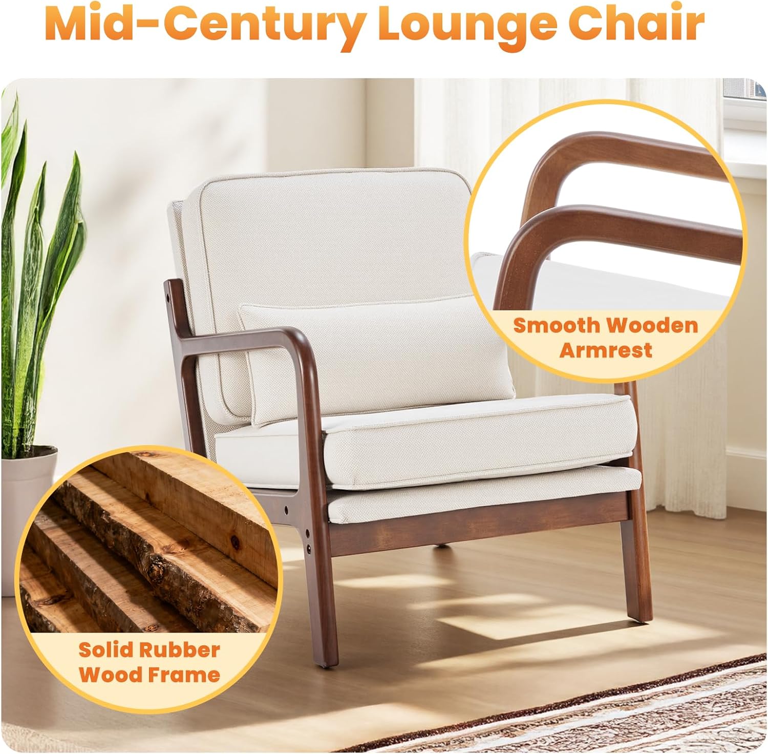 DUMOS Mid Century Modern Chair, Accent Chair with Arms and Waist Cushion, Reading Chairs for Adults, Lounge Chair for Living Room and Bedroom, Solid Wooden Frame, Ivory White
