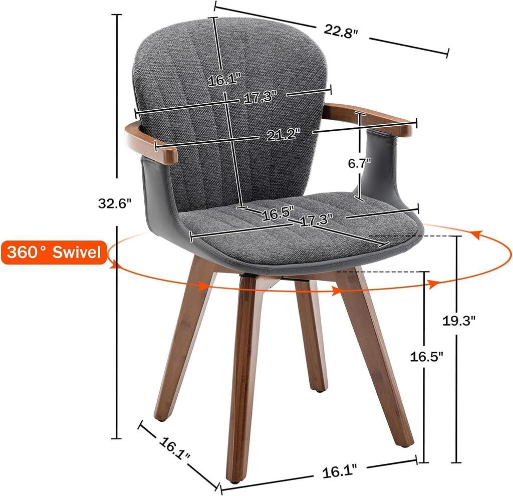 LUNLING Swivel Dining Chairs, Mid Century Modern Gray Fabric+Faux Leather Kitchen Chairs with Arms,Bamboo Legs Side Chairs No Wheels,Accent Chair for Dining Rooms and Offices,Gray Fabric,1PCS