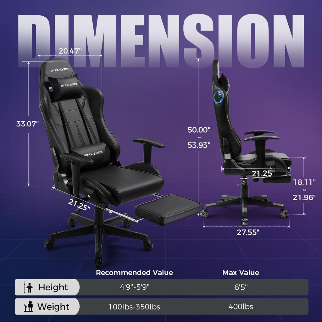 GTPLAYER Gaming Chair with Speakers, Video Game Chairs with Footrest for Adults, Ergonomic Computer PC Gamer Reclining Chair(Black)