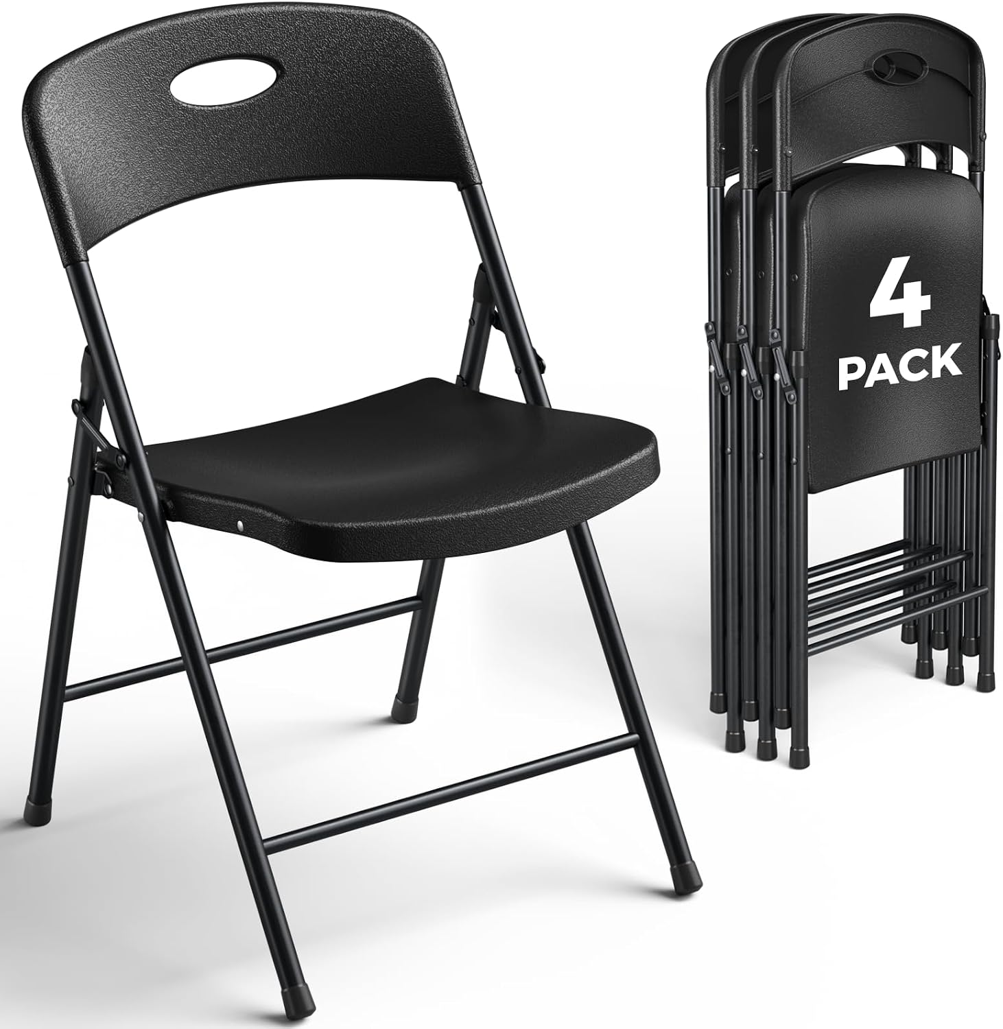 4 Pack Black Folding Chair, Plastic Portable Stackable Commercial Seats with Steel Frame 350lb, Heavy Duty Foldable Chair for Indoor and Outdoor, Patio, Office, Picnic, Kitchen, Events