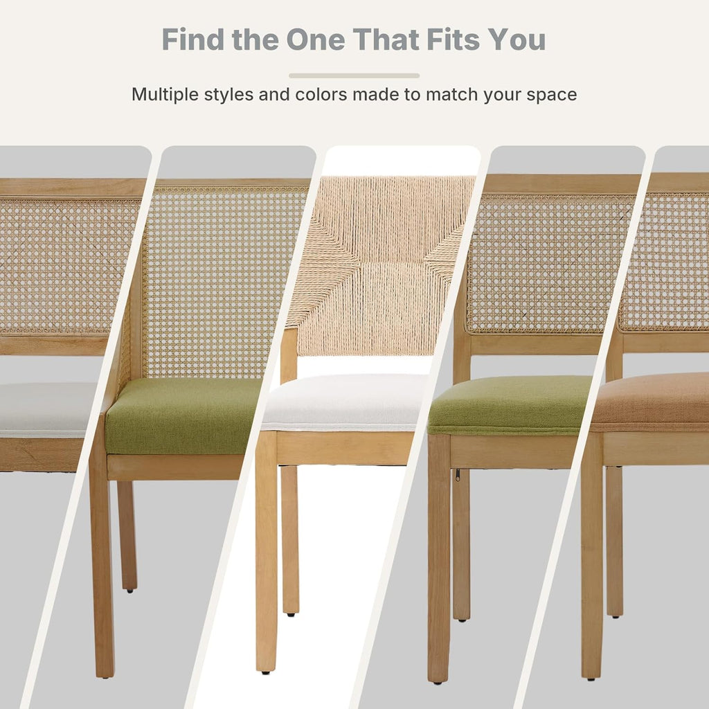 Boho Mid Century Modern Dining Chairs Set of 4, Rattan Dinning Chair with a Square Back, Warm Beige Cane Dining Chair, Linen Upholstered Kitchen and Dining Room Chairs, Sillas para Comedor