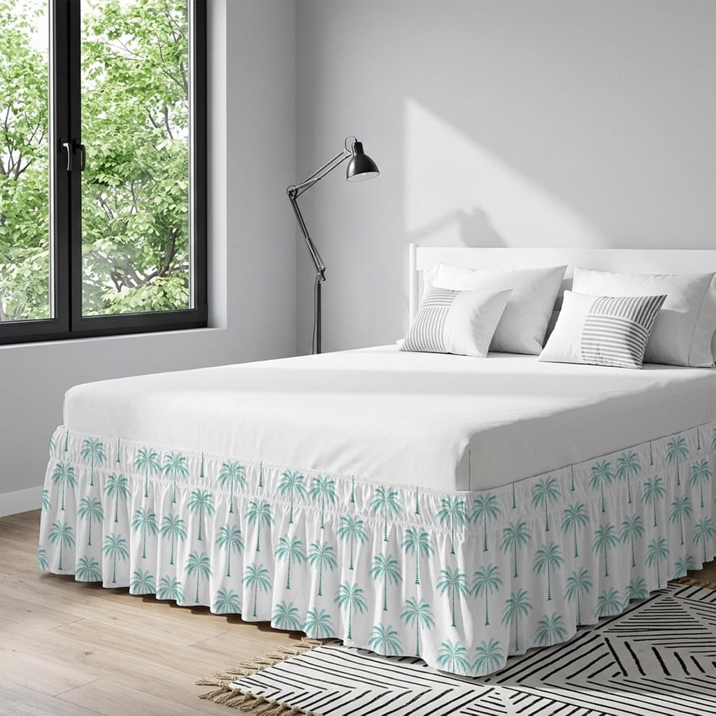 Teal Geeen Palm Trees Bed Skirt King Size 16 Inch Drop, Adjustable & Elastic Wrap Around Bed Skirts Pleated Luxury Dust Ruffles for Twin Full Queen Cal King Base Bed, Tropical Summer Beach Botanical