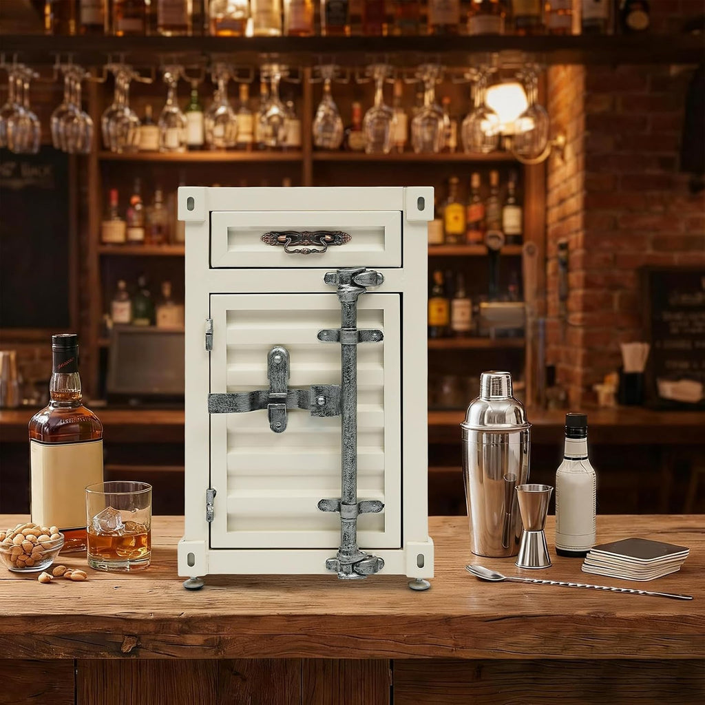 Industrial Wind Bedside Table, Container Style Locker Wrought, Iron Container Side Table with Metal Combination Lock for Living Room, Bar, Office (Creamy White, 12.6 x 12.6 x 19.69in)