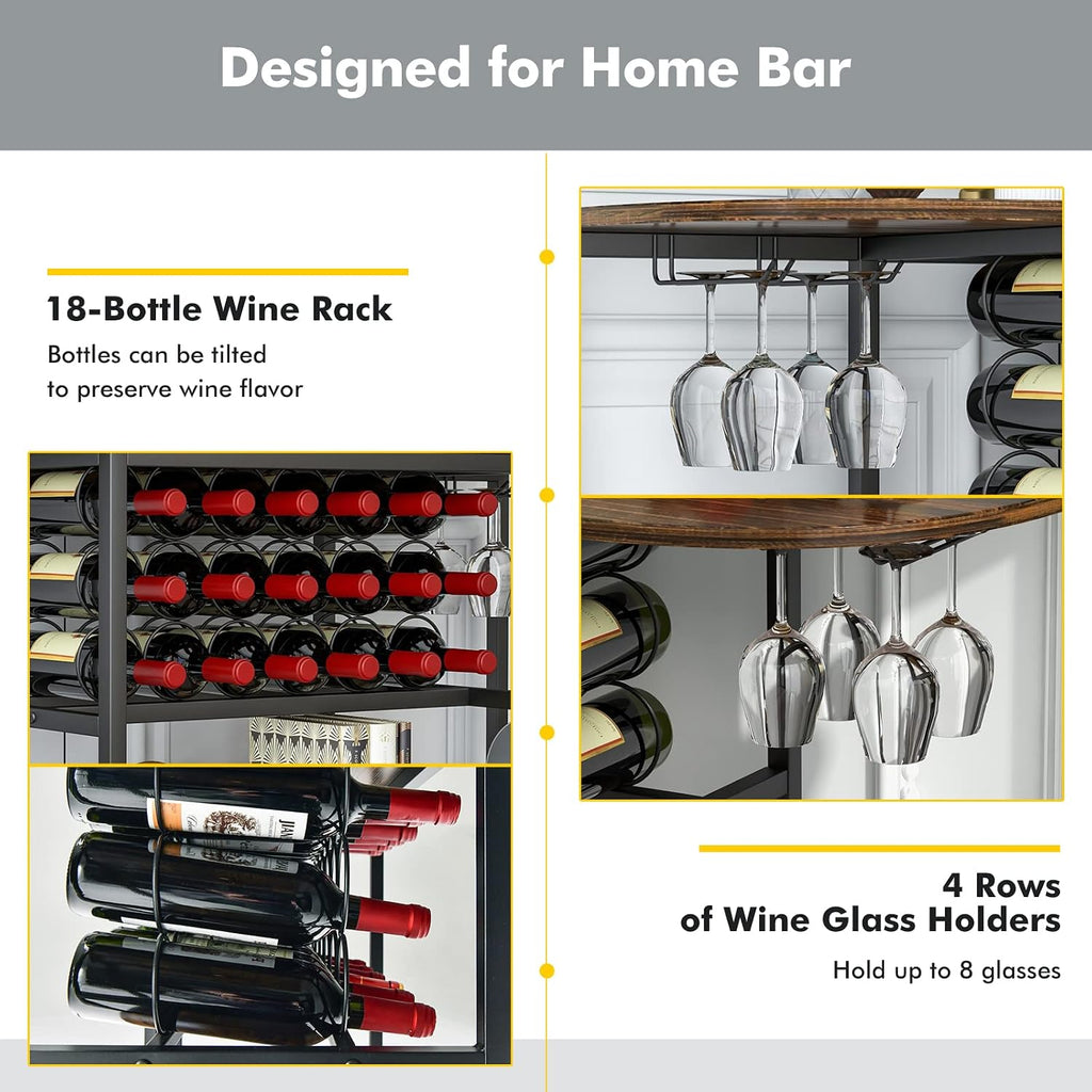 LOKO Wine Rack Table, 47 Inches Industrial Wine Bar Cabinet with Wine Rack & Glass Holders, Freestanding Floor Bar Storage Cabinet for Liquor and Glasses for Home Kitchen Dining Room (Rustic Brown)