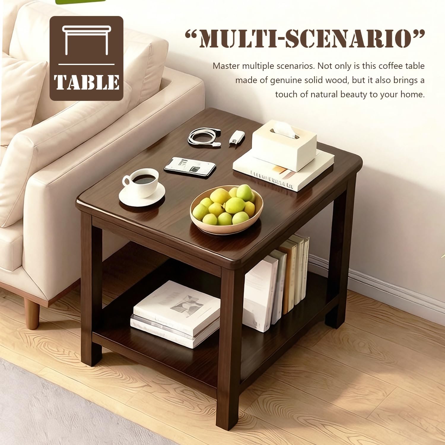 YUNMUARIY-Living Room Side Table,Walnut End Tables,Wood Side Table,Small Square Table for Small Space,13.77 Inches Wide Farmhouse End Tables for Hallway,Bedroom,Corners,Easy Assembly.