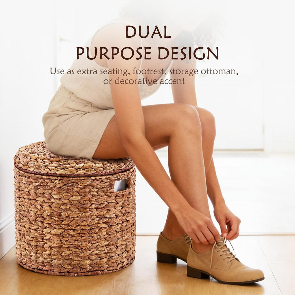 17" Round Storage Ottoman with Lid Handwoven Water Hyacinth Accent Side Table, Storage Container, Footstool for Living Room, Bedroom, Cloakroom, Home Office