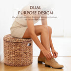 17" Round Storage Ottoman with Lid Handwoven Water Hyacinth Accent Side Table, Storage Container, Footstool for Living Room, Bedroom, Cloakroom, Home Office