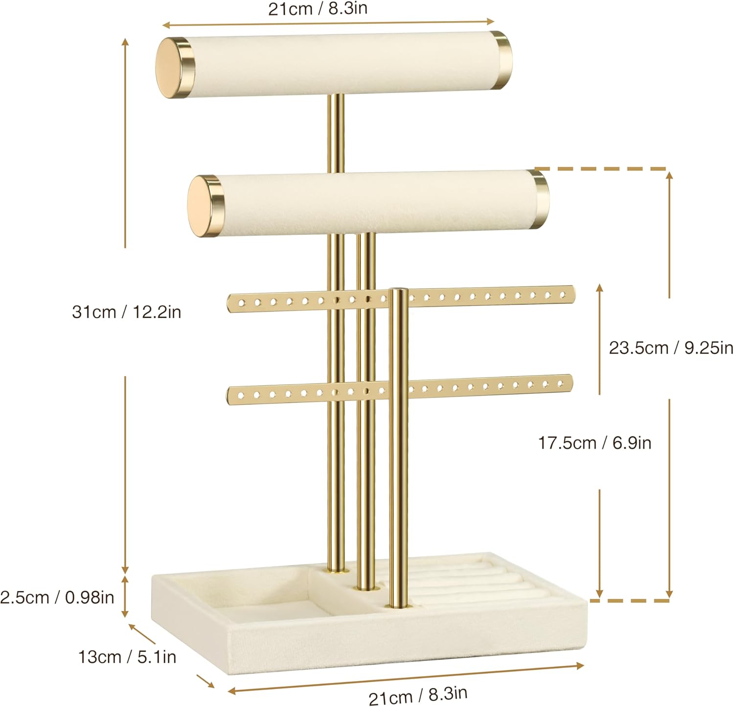 bussdis 3 Tier Bracelet Holder Display - Detachable T Bar Beige Velvet Bracelet Holder, Jewelry Holder Organizer for Bracelet, Necklace, Earrings, Rings