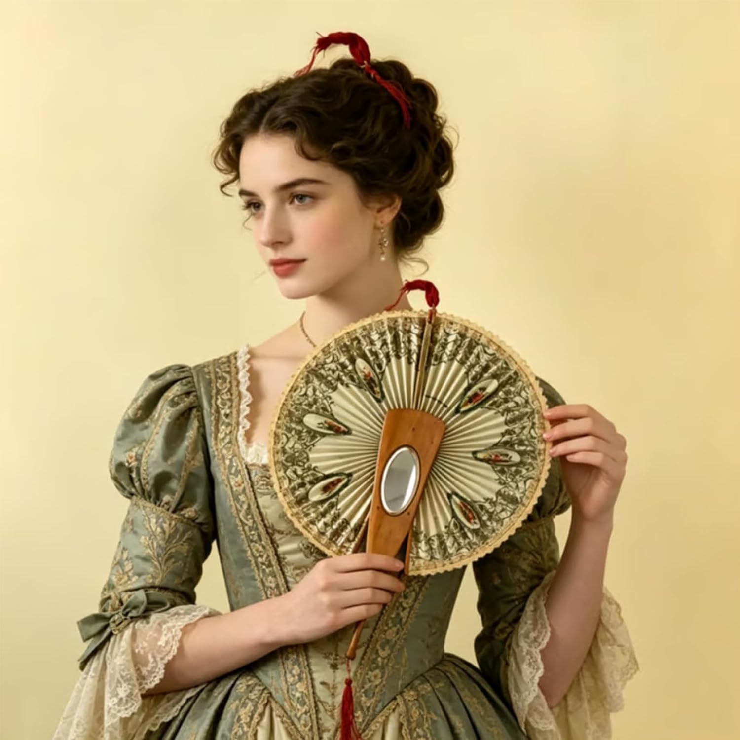 Antique Mirrored Mechanical Fan, Olive Wood Swallow Print Folding Fan with Hidden Mirror & Lace Trim, Classic European Retro Photo Prop, Unique Home Decor Collectible Gift for Women (2PCS)