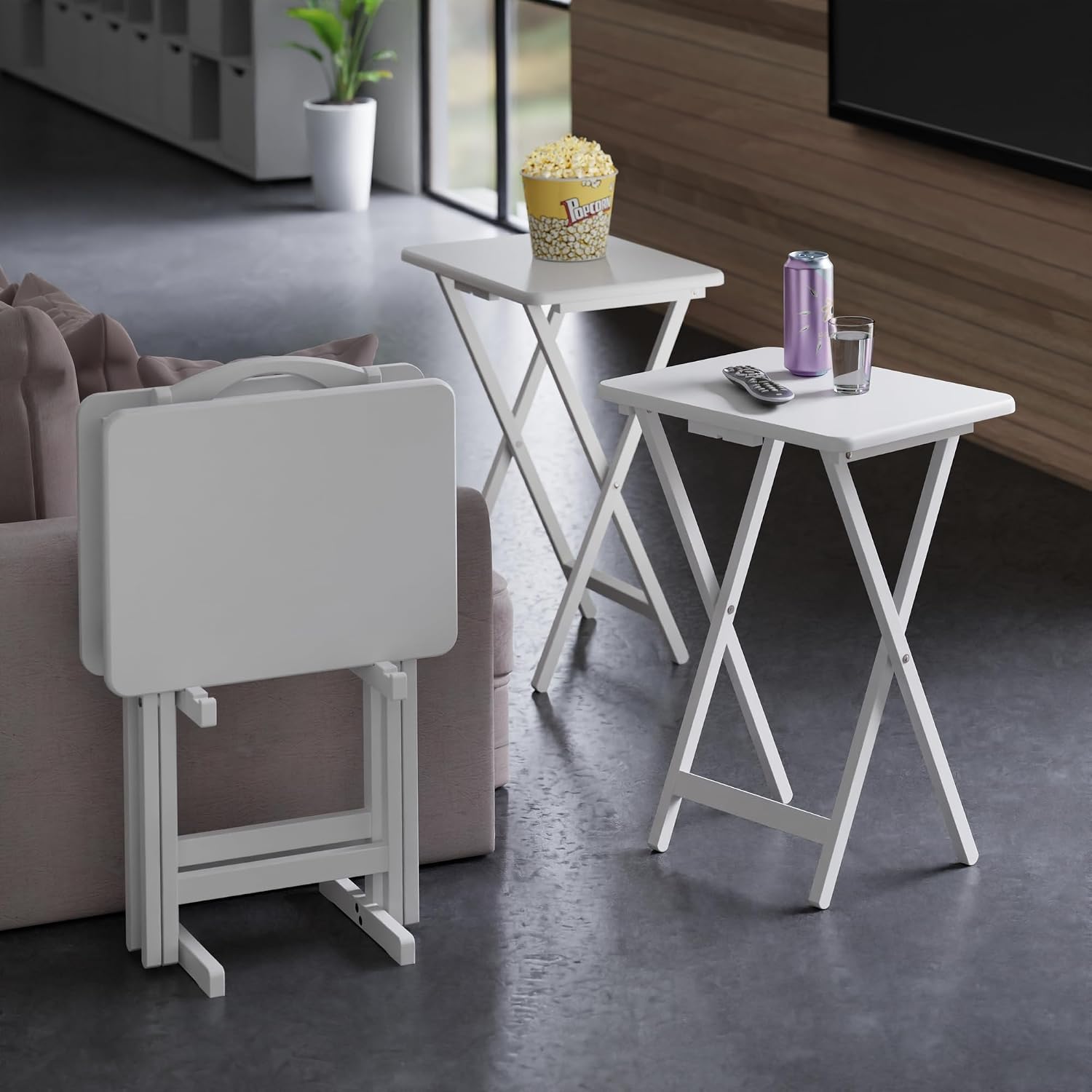 Winsome Alex Set of 4 Foldable Snack Tables with Storage Rack, Easy to Store Portable Fold Up Table Set for Kitchen, Living Room TV Dining, Crafts, Puzzles, Work from Home