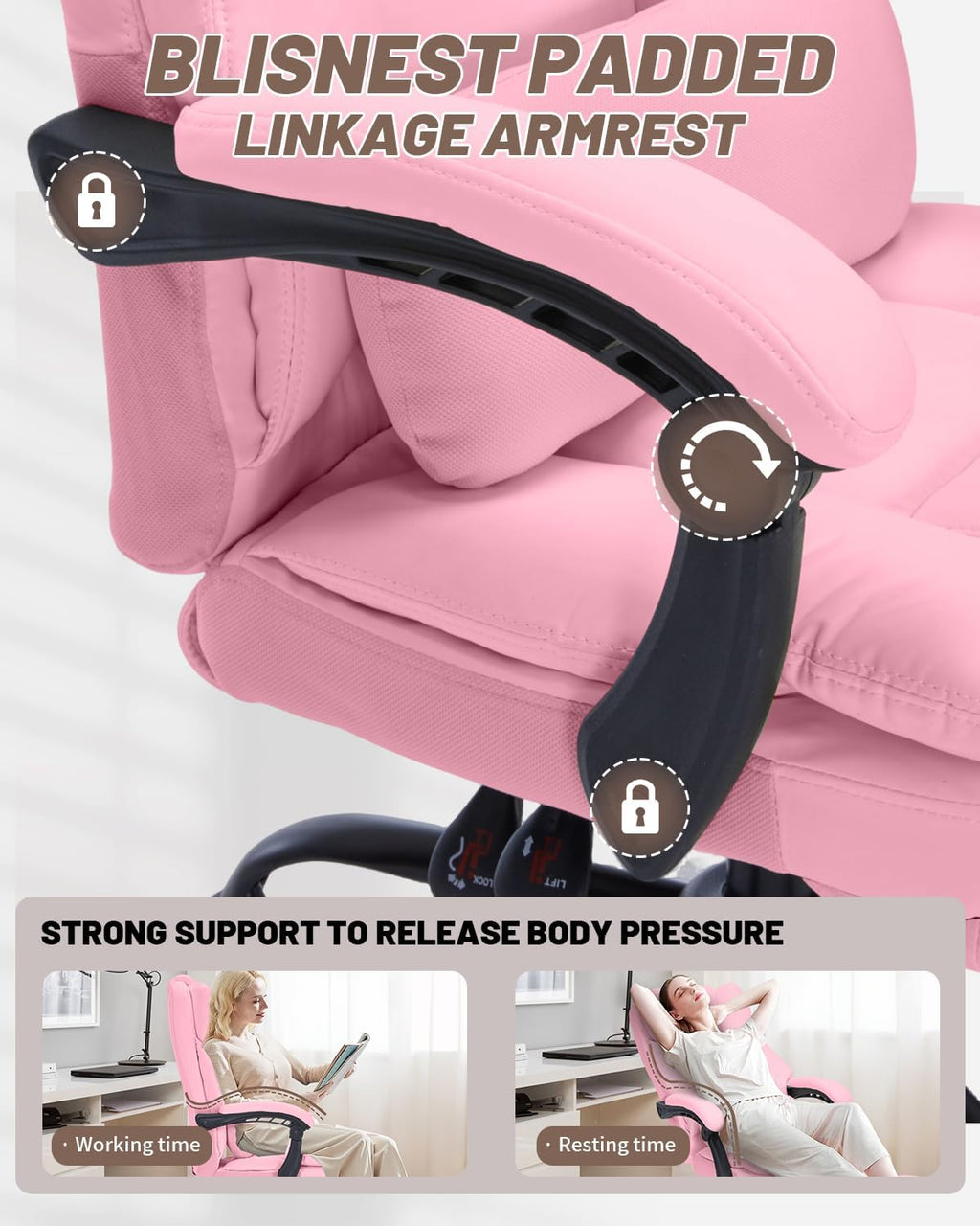 600lbs Office Chair with Footrest, Executive Chair with Padded Armrests, Reclining Desk Chair with Lumbar Support, High Back Leather Chair for Heavy People (Pink)