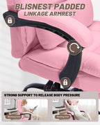 600lbs Office Chair with Footrest, Executive Chair with Padded Armrests, Reclining Desk Chair with Lumbar Support, High Back Leather Chair for Heavy People (Pink)