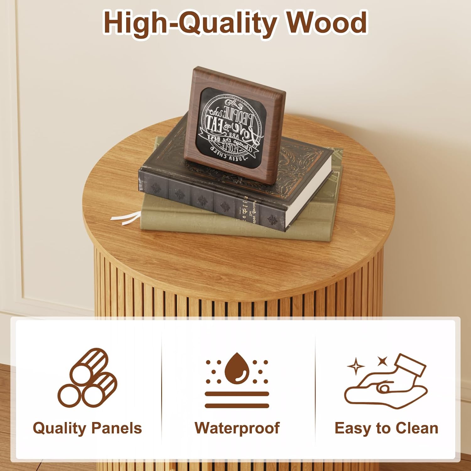 Round Fluted End Table Tall Side Table with Sliding Tambour Door & Storage Shelf, Bedside Table for Living Room Mid-Century Modern Nightstand for Bedroom (1, Natural)