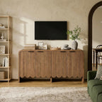 Walnut Sideboard Buffet Cabinet, Wood Storage Credeza with 4 Doors and Adjustable Shelves, Mid-Century Console Cabinet for Living Room, Kitchen, Hallway, Entrway (Walnut)