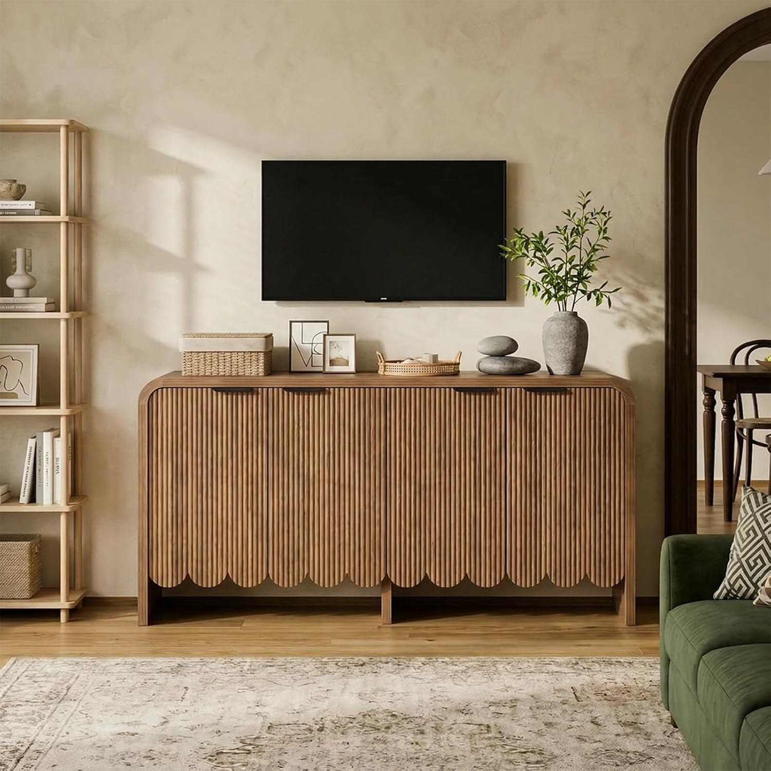Walnut Sideboard Buffet Cabinet, Wood Storage Credeza with 4 Doors and Adjustable Shelves, Mid-Century Console Cabinet for Living Room, Kitchen, Hallway, Entrway (Walnut)