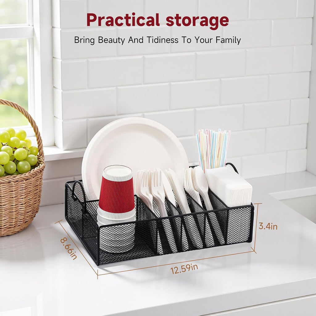 Utensil Caddy with Handle, Metal Paper Plate Holder for Kitchen Counter,Silverware Cutlery Caddy Organizer Flatware Storage for Plastic Spoon Fork Plates Napkins Cup Party Camping Black